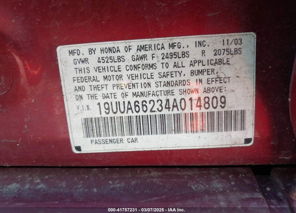 2004 ACURA TL VIN: 19UUA66234A014809
