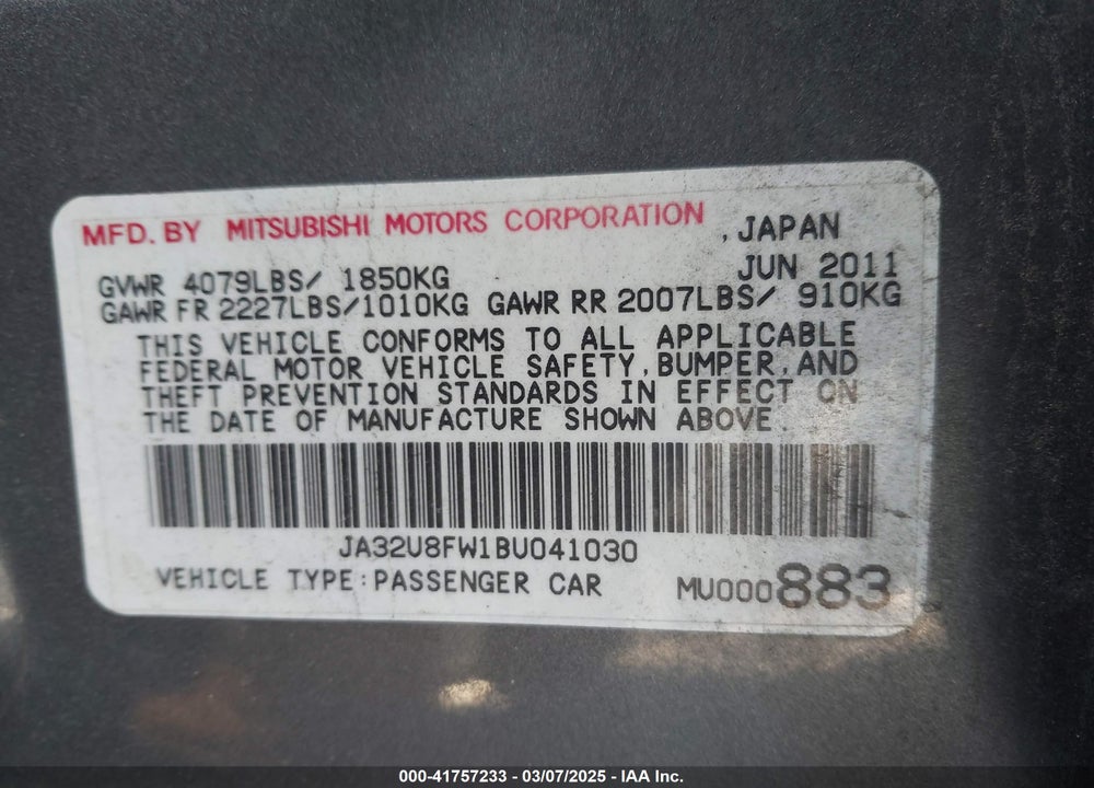 2011 MITSUBISHI LANCER VIN: JA32U8FW1BU041030