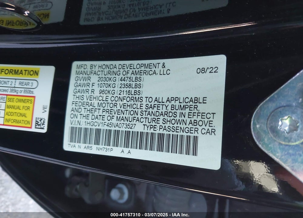 2022 HONDA ACCORD VIN: 1HGCV1F45NA073527
