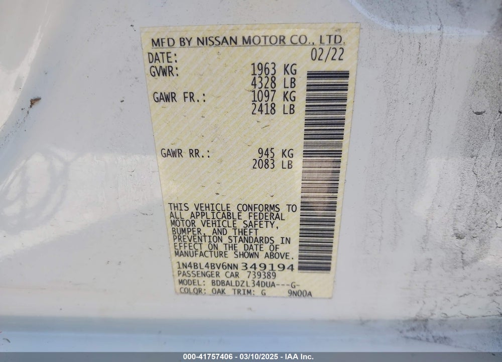 2022 NISSAN ALTIMA S FWD VIN: 1N4BL4BV6NN349194