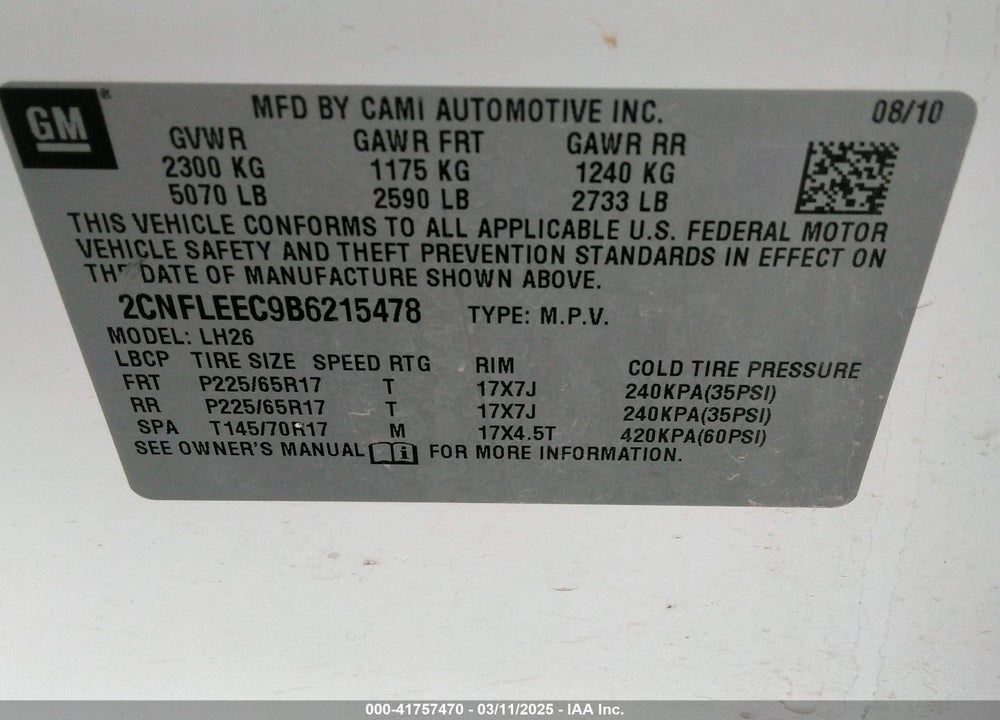 2011 CHEVROLET EQUINOX VIN: 2CNFLEEC9B6215478