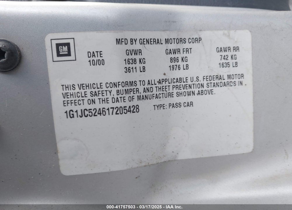 2001 CHEVROLET CAVALIER VIN: 1G1JC524617205428