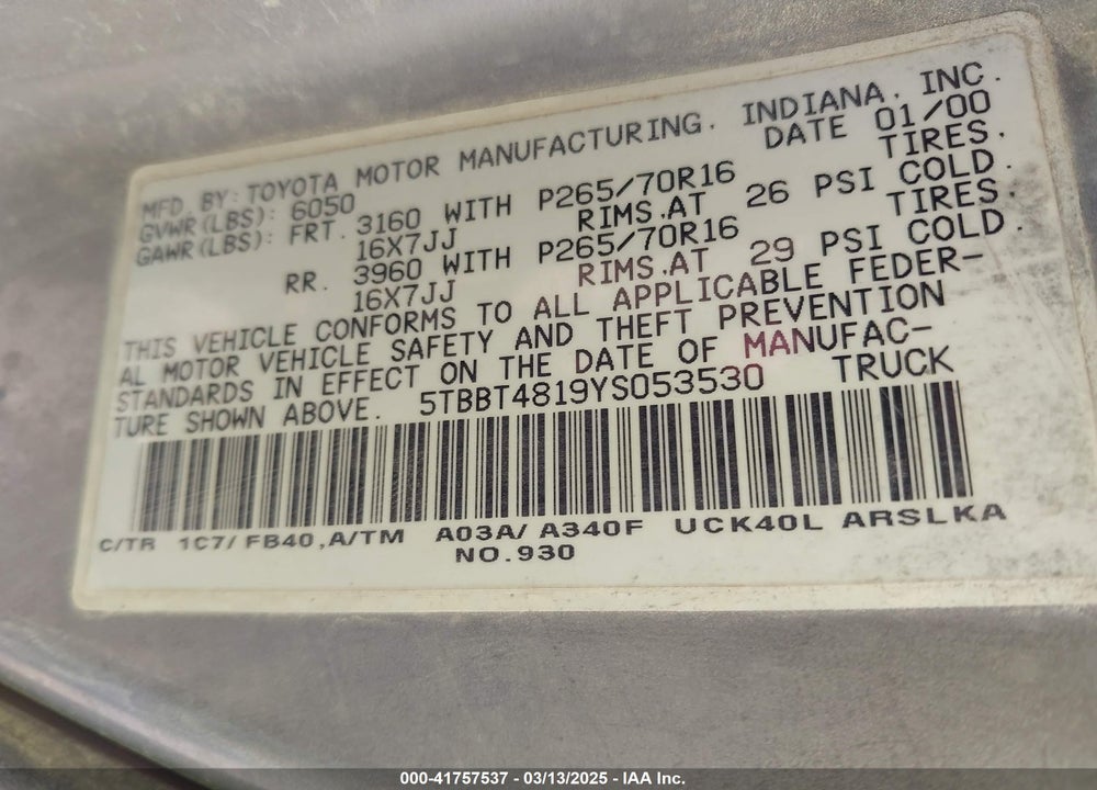 2000 TOYOTA TUNDRA VIN: 5TBBT4819YS053530