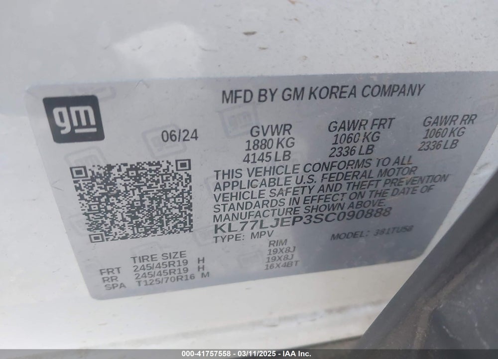 2025 CHEVROLET TRAX VIN: KL77LJEP3SC090888