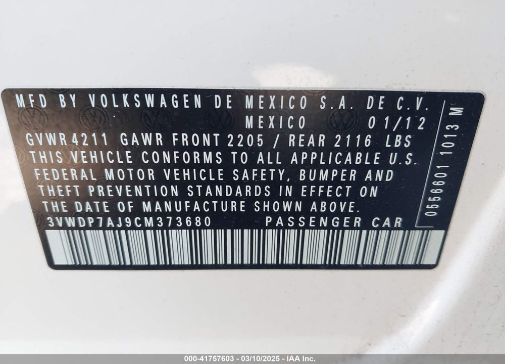 2012 VOLKSWAGEN JETTA VIN: 3VWDP7AJ9CM373680