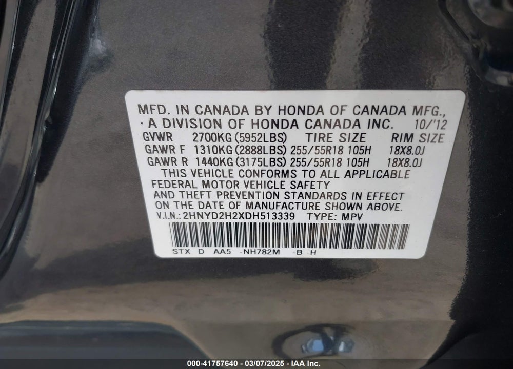 2013 ACURA MDX VIN: 2HNYD2H2XDH513339