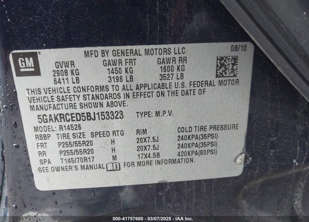 2011 BUICK ENCLAVE VIN: 5GAKRCED5BJ153323