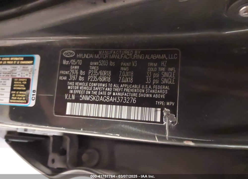 2010 HYUNDAI SANTA FE LIMITED V6 VIN: 5NMSKDAG8AH373276