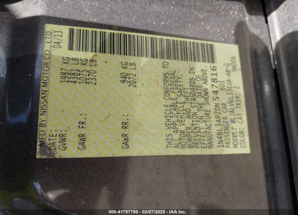 2013 NISSAN ALTIMA VIN: 1N4BL3AP2DN547816