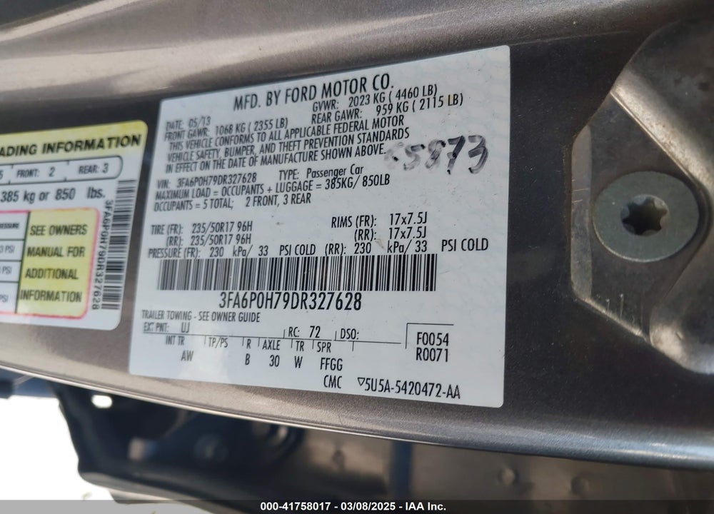 2013 FORD FUSION VIN: 3FA6P0H79DR327628