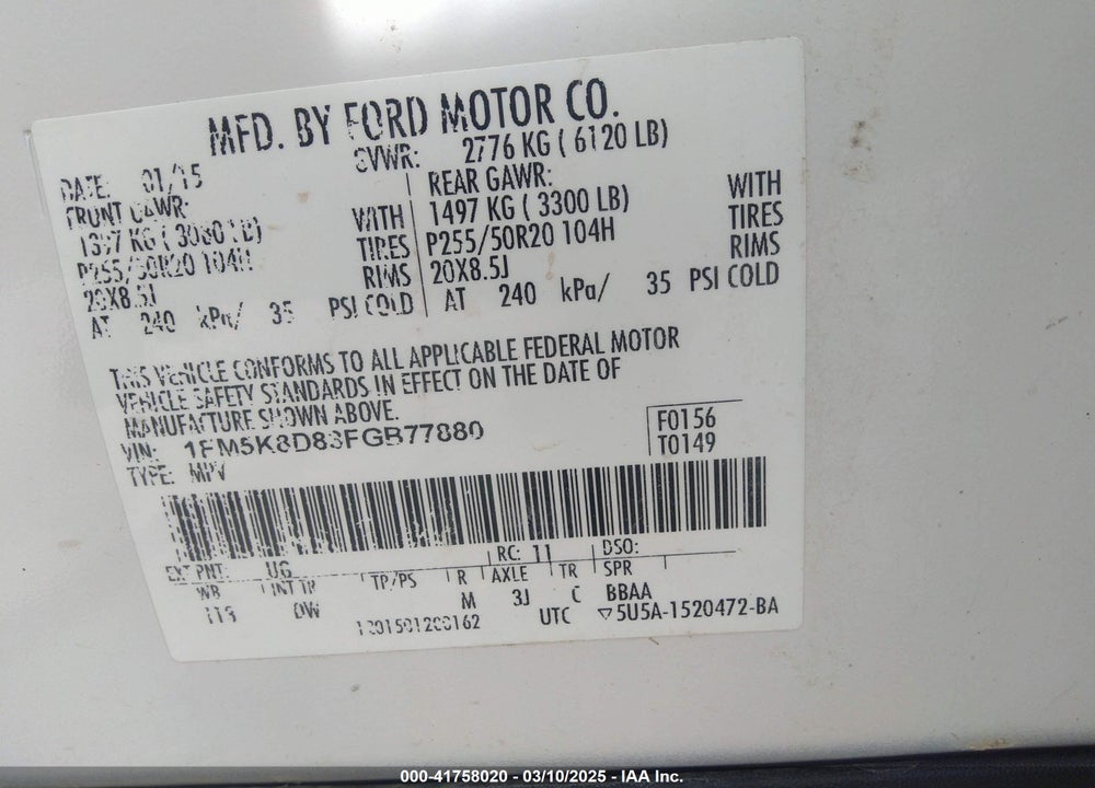 2015 FORD EXPLORER XLT VIN: 1FM5K8D83FGB77880