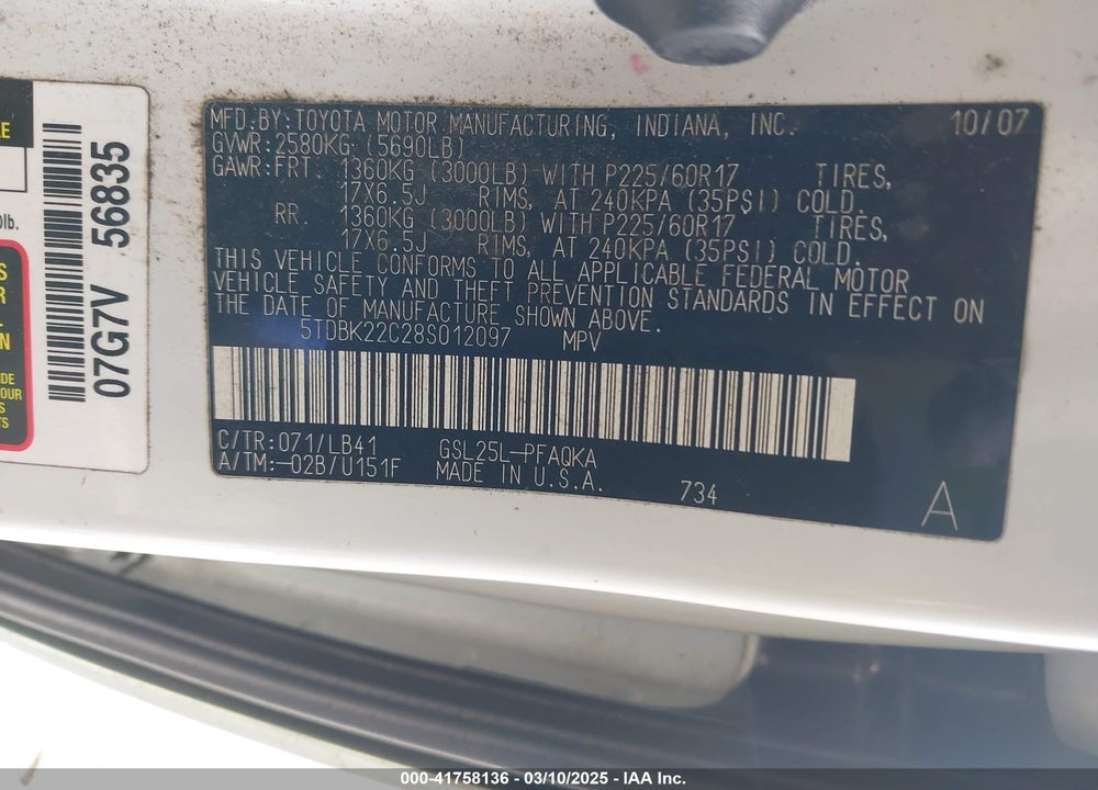 2008 TOYOTA SIENNA VIN: 5TDBK22C28S012097