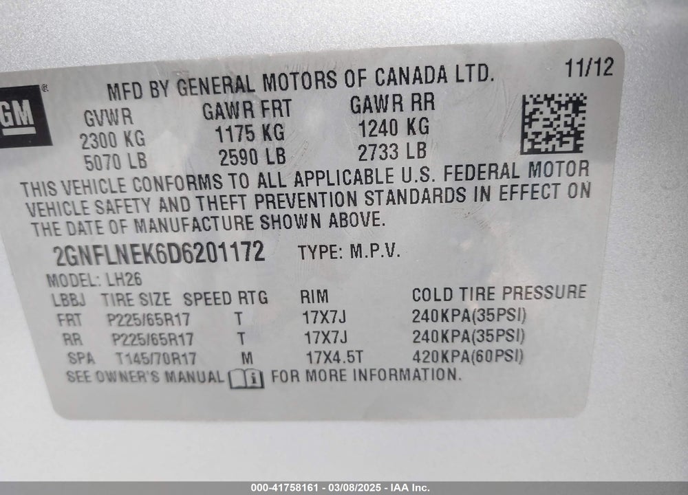 2013 CHEVROLET EQUINOX VIN: 2GNFLNEK6D6201172