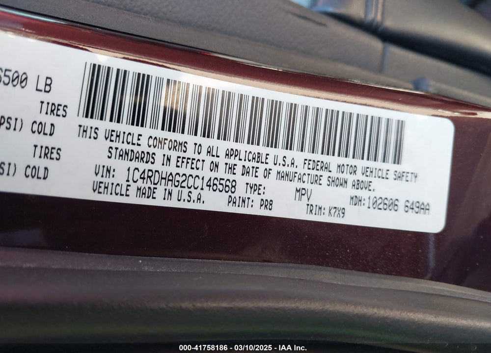 2012 DODGE DURANGO VIN: 1C4RDHAG2CC146568