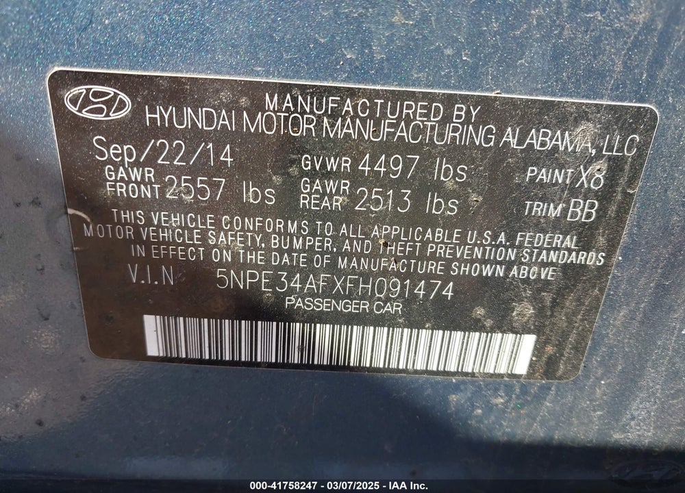 2015 HYUNDAI SONATA LIMITED VIN: 5NPE34AFXFH091474
