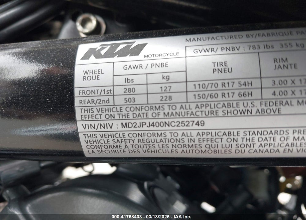 2022 KTM 390 DUKE VIN: MD2JPJ400NC252749