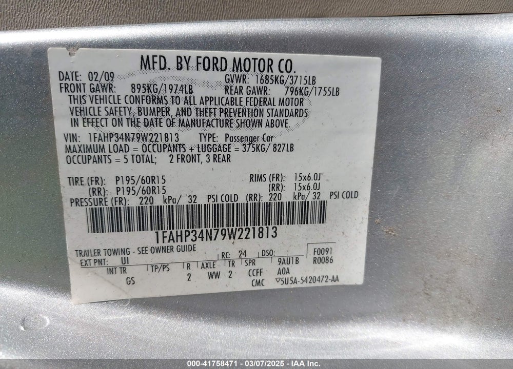 2009 FORD FOCUS S VIN: 1FAHP34N79W221813