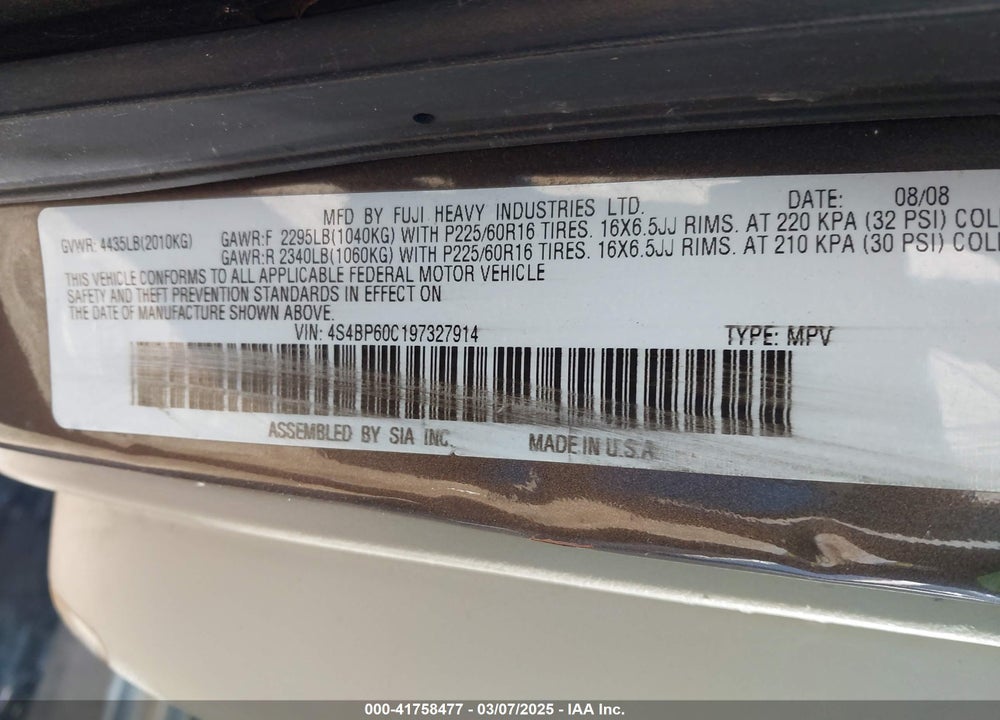 2009 SUBARU OUTBACK VIN: 4S4BP60C197327914