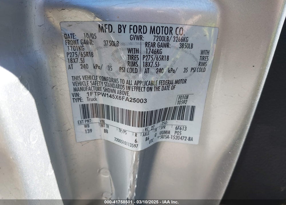 2006 FORD F150 VIN: 1FTPW145X6FA25003