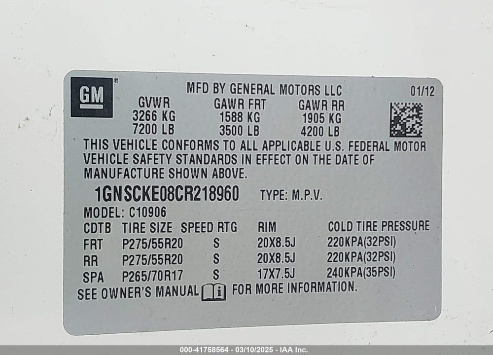 2012 CHEVROLET SUBURBAN 1500 VIN: 1GNSCKE08CR218960