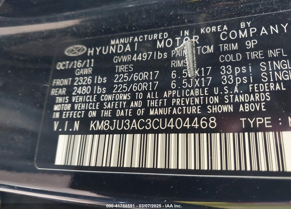 2012 HYUNDAI TUCSON VIN: KM8JU3AC3CU404468