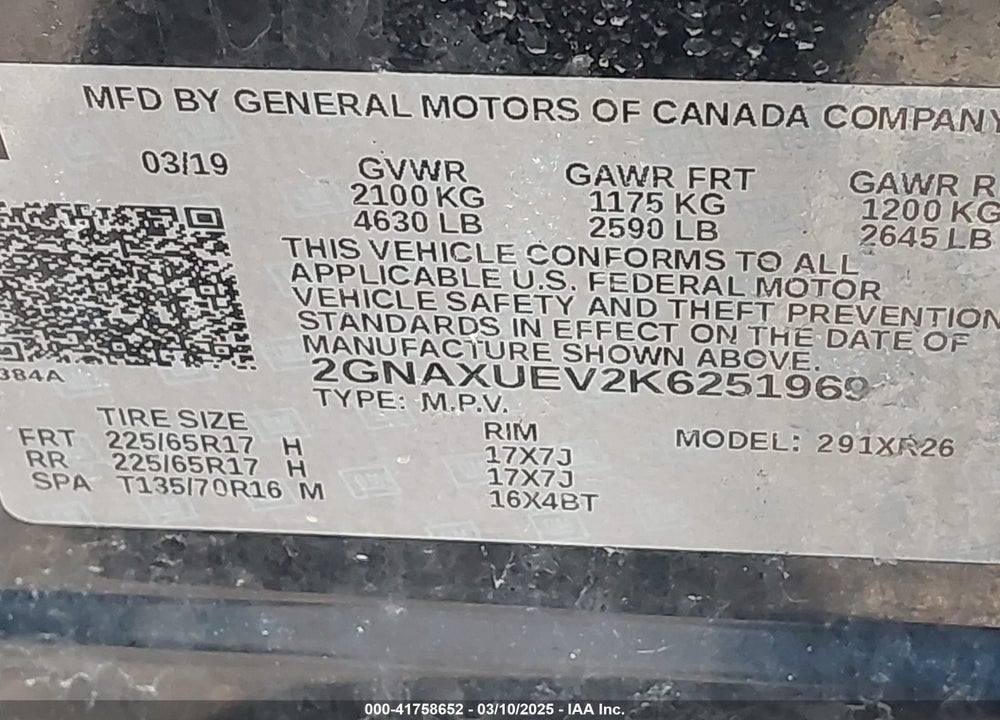 2019 CHEVROLET EQUINOX VIN: 2GNAXUEV2K6251969