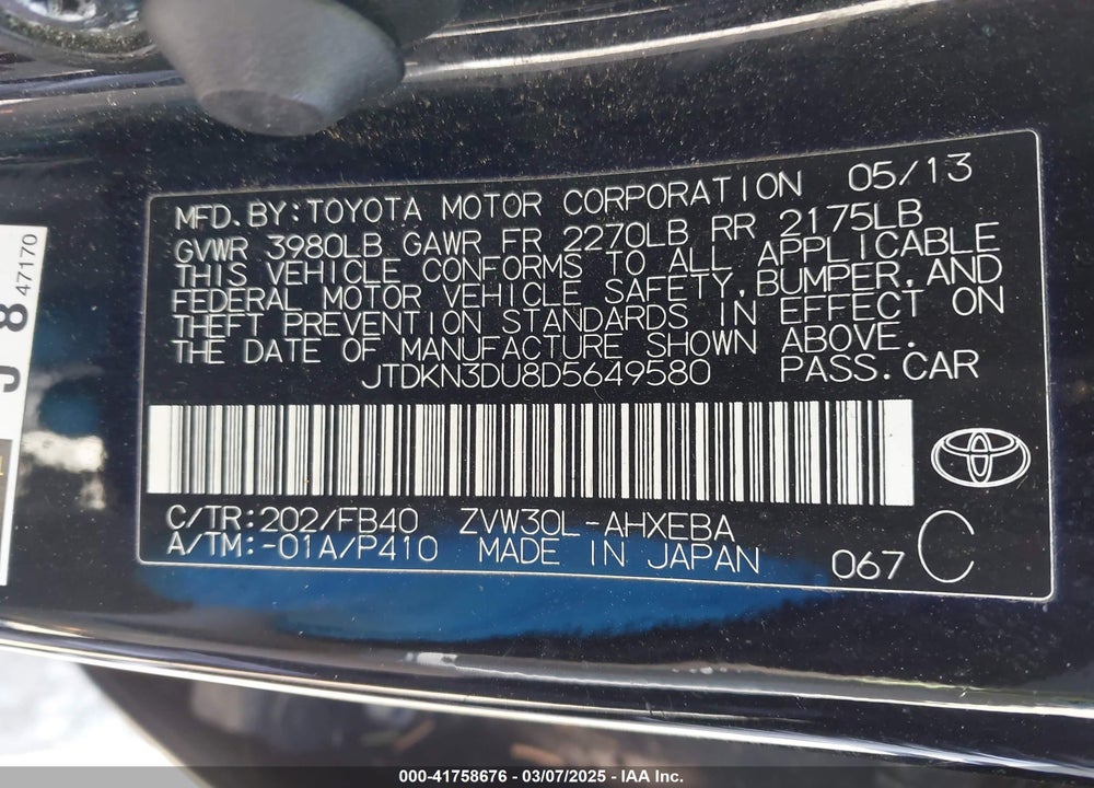 2013 TOYOTA PRIUS VIN: JTDKN3DU8D5649580