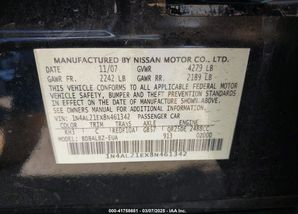 2008 NISSAN ALTIMA 2.5 S VIN: 1N4AL21EX8N461342