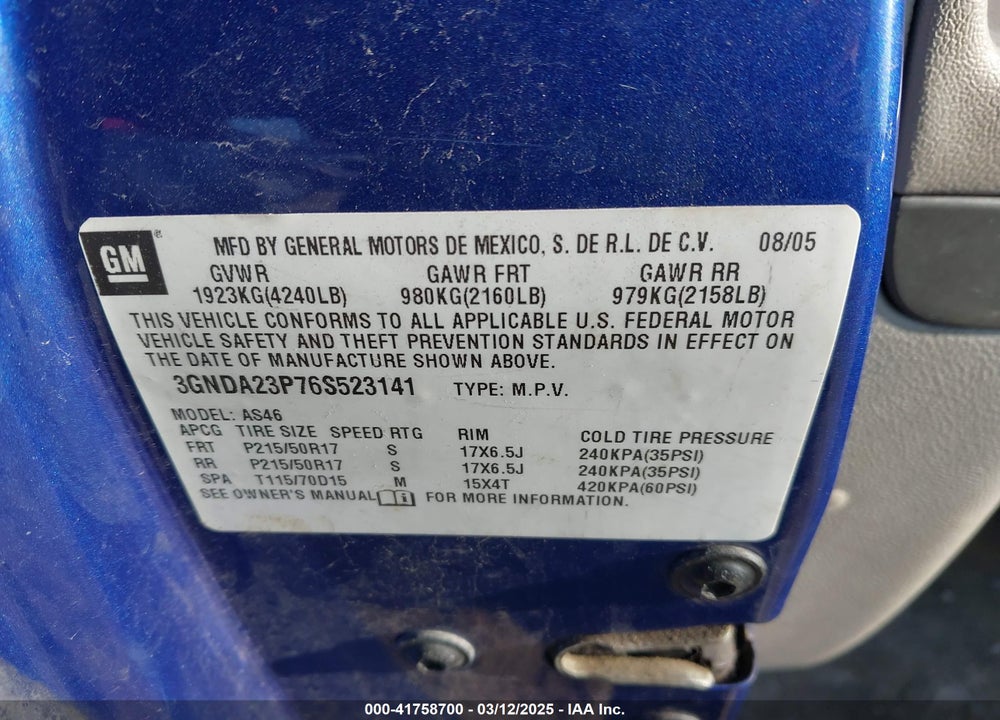 2006 CHEVROLET HHR VIN: 3GNDA23P76S523141