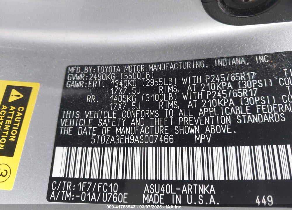 2010 TOYOTA HIGHLANDER VIN: 5TDZA3EH9AS007466