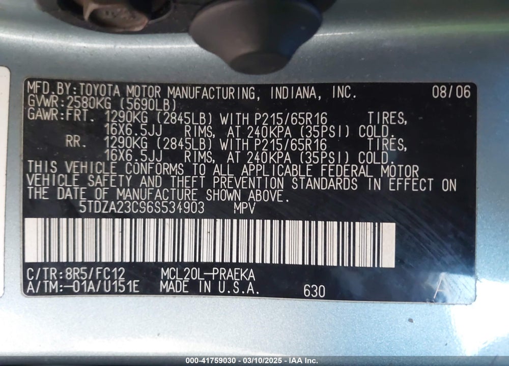 2006 TOYOTA SIENNA VIN: 5TDZA23C96S534903