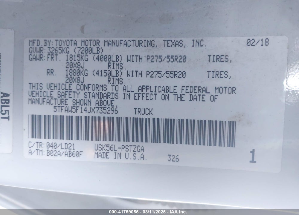 2018 TOYOTA TUNDRA VIN: 5TFAW5F14JX735296