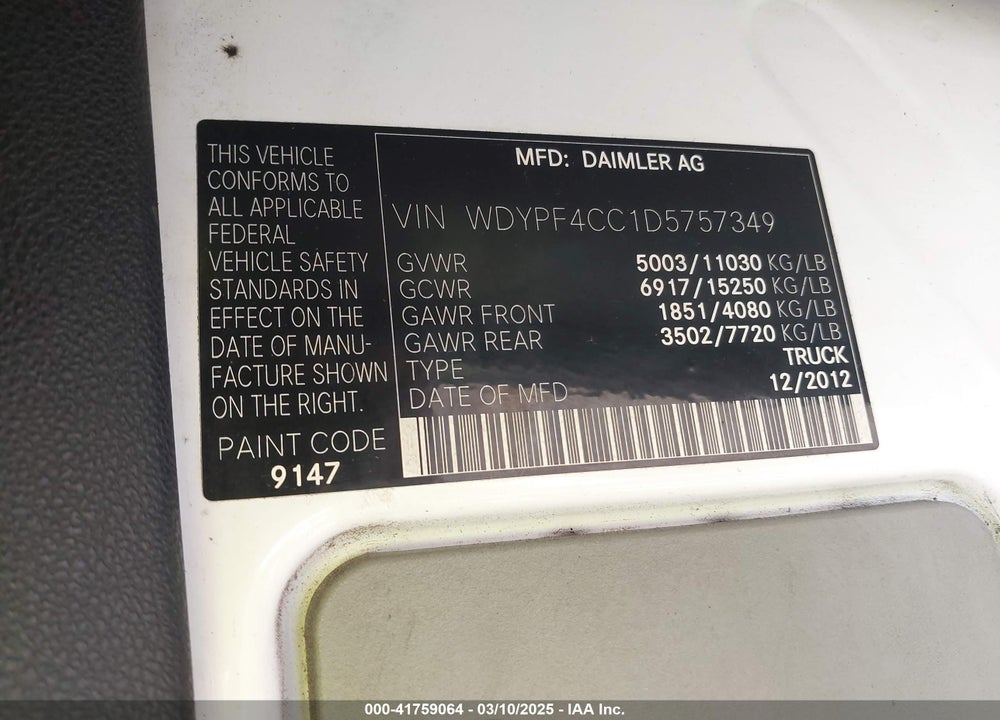2013 FREIGHTLINER SPRINTER 3500 VIN: WDYPF4CC1D5757349