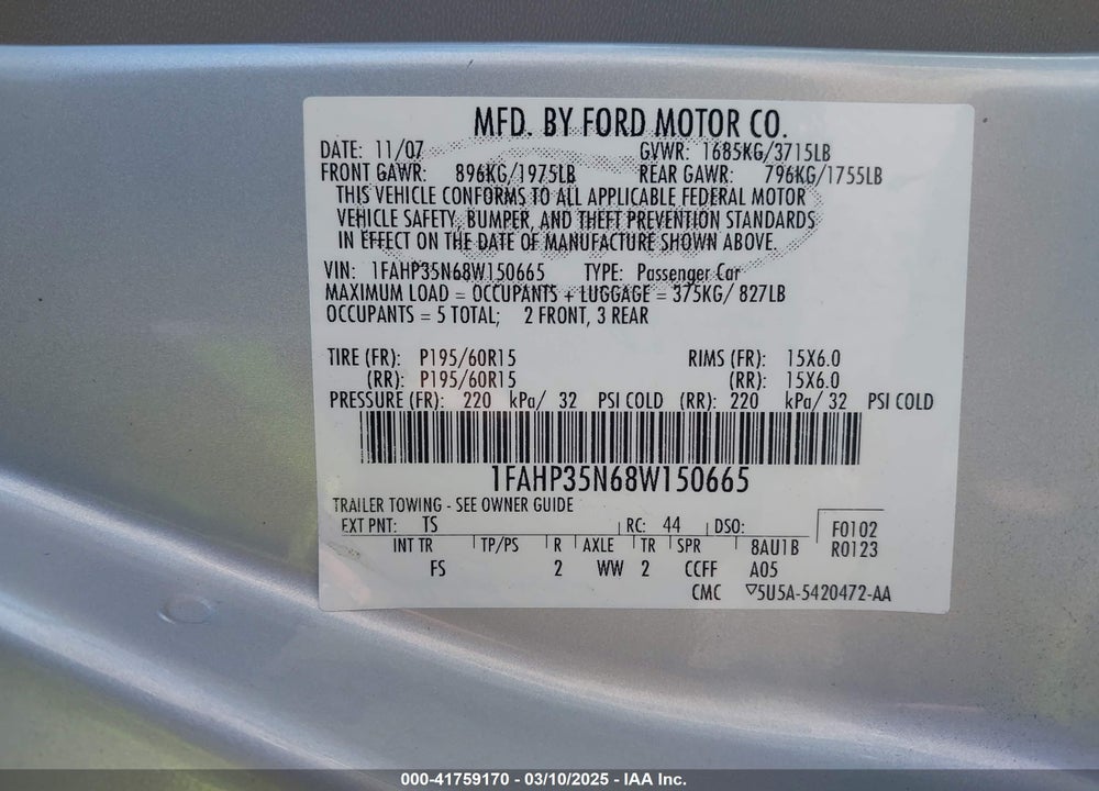 2008 FORD FOCUS SE/SES VIN: 1FAHP35N68W150665