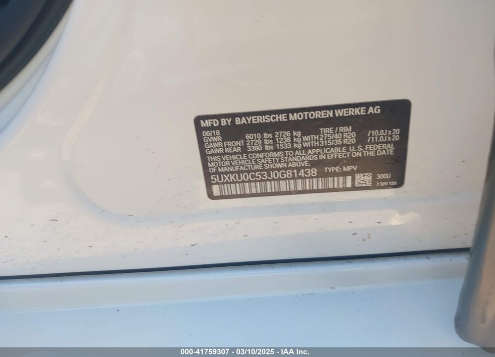 2018 BMW X6 SDRIVE35I VIN: 5UXKU0C53J0G81438