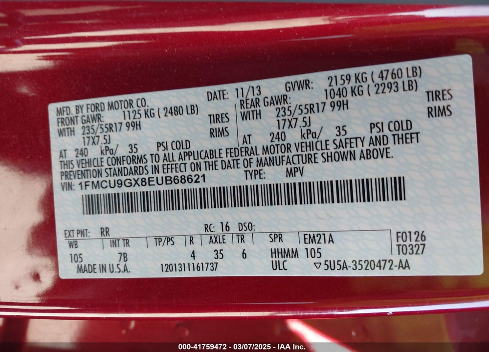 2014 FORD ESCAPE SE VIN: 1FMCU9GX8EUB68621