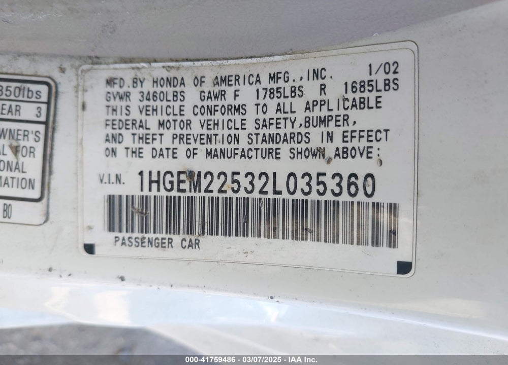2002 HONDA CIVIC VIN: 1HGEM22532L035360