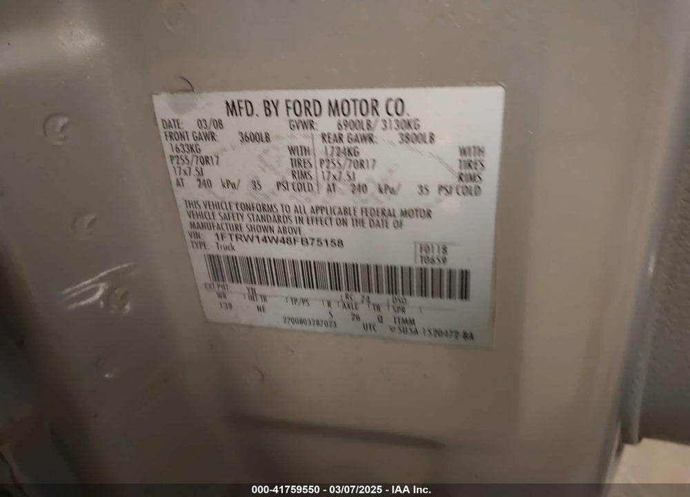 2008 FORD F-150 VIN: 1FTRW14W48FB75158