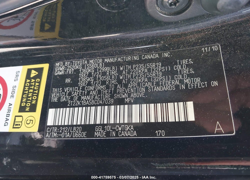 2011 LEXUS RX 350 VIN: 2T2ZK1BA5BC047039