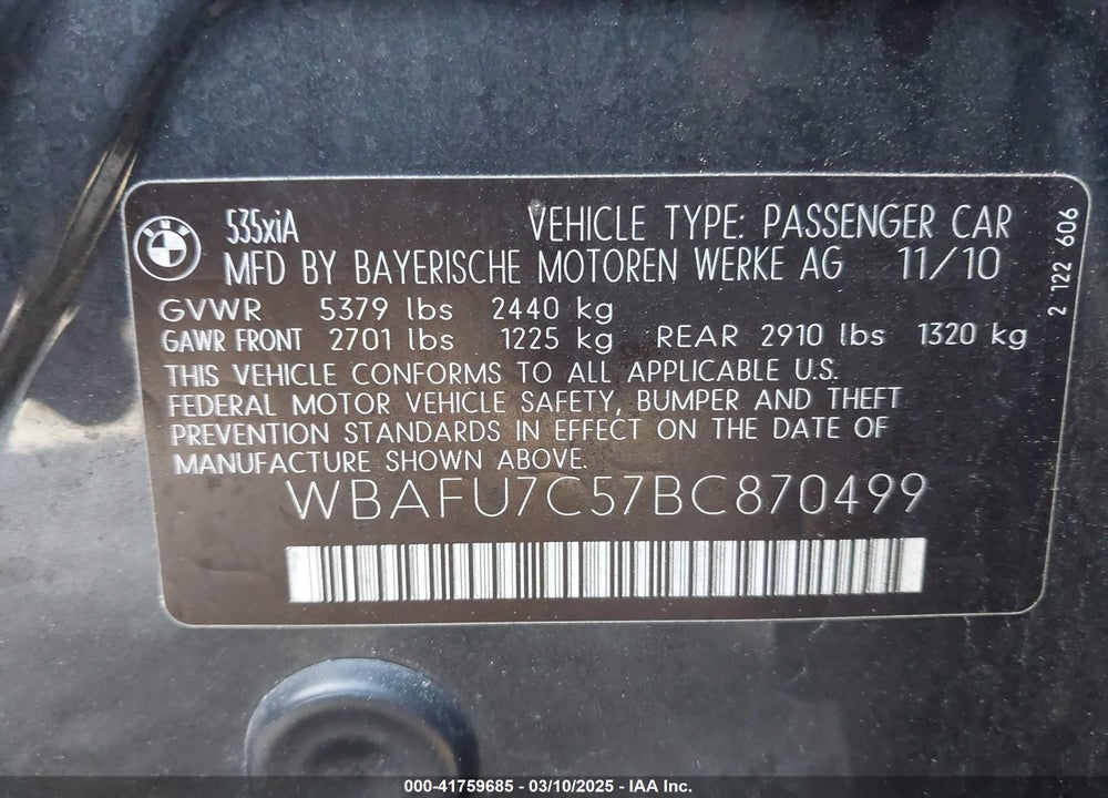 2011 BMW 535I VIN: WBAFU7C57BC870499