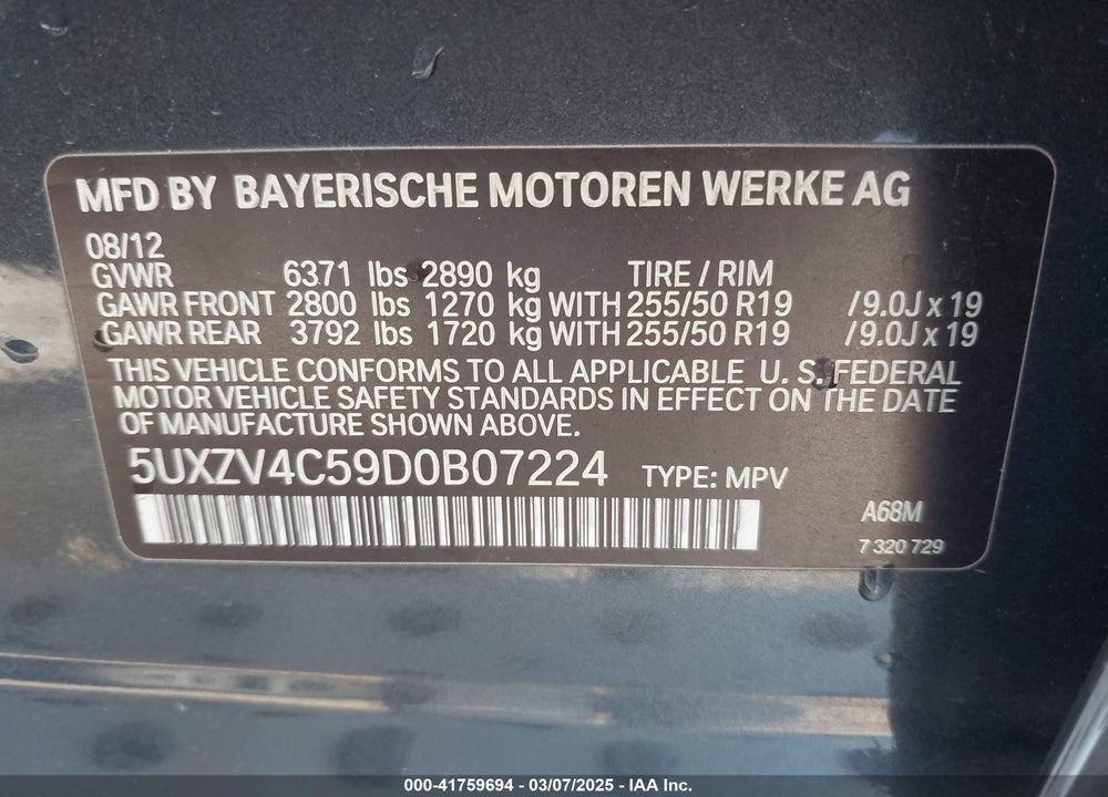 2013 BMW X5 VIN: 5UXZV4C59D0B07224