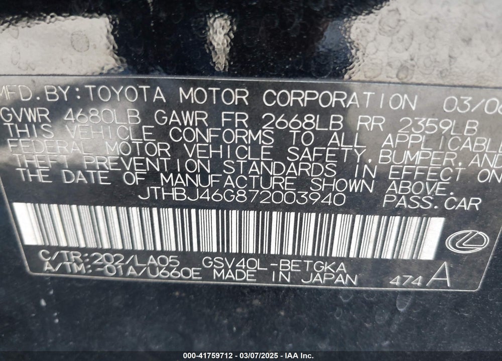 2007 LEXUS ES 350 VIN: JTHBJ46G872003940