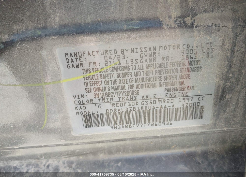 2023 NISSAN SENTRA VIN: 3N1AB8CV7PY260936