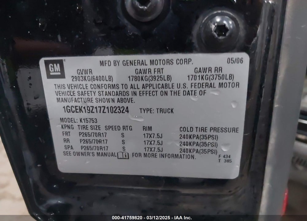 2007 CHEVROLET SILVERADO VIN: 1GCEK19Z17Z102324