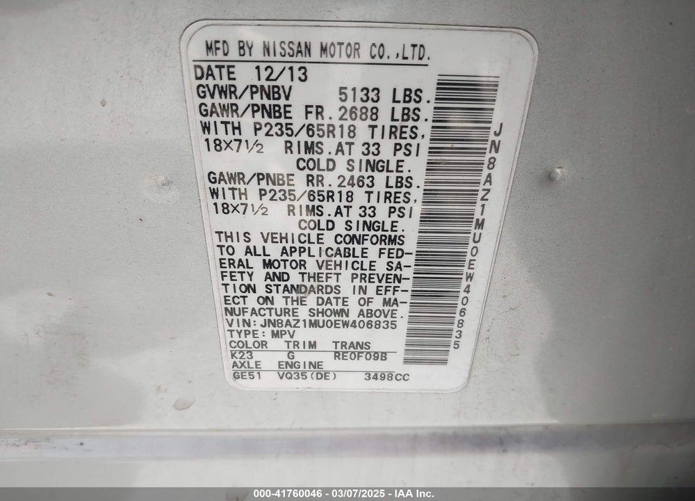2014 NISSAN MURANO SV VIN: JN8AZ1MU0EW406835