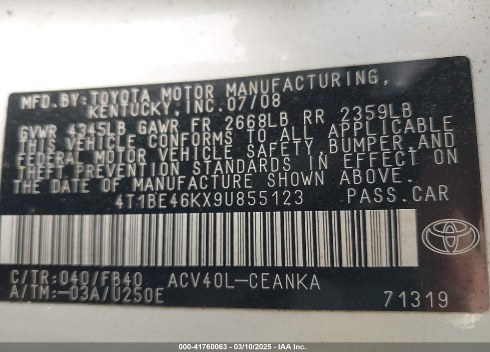 2009 TOYOTA CAMRY LE VIN: 4T1BE46KX9U855123