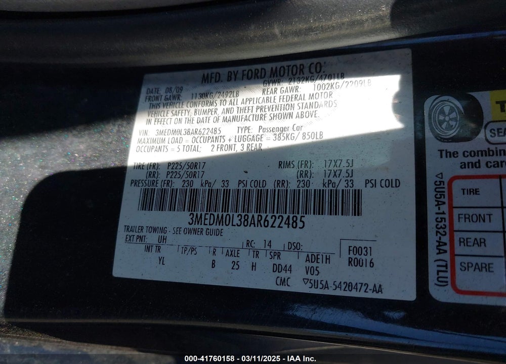 2010 MERCURY MILAN HYBRID VIN: 3MEDM0L38AR622485