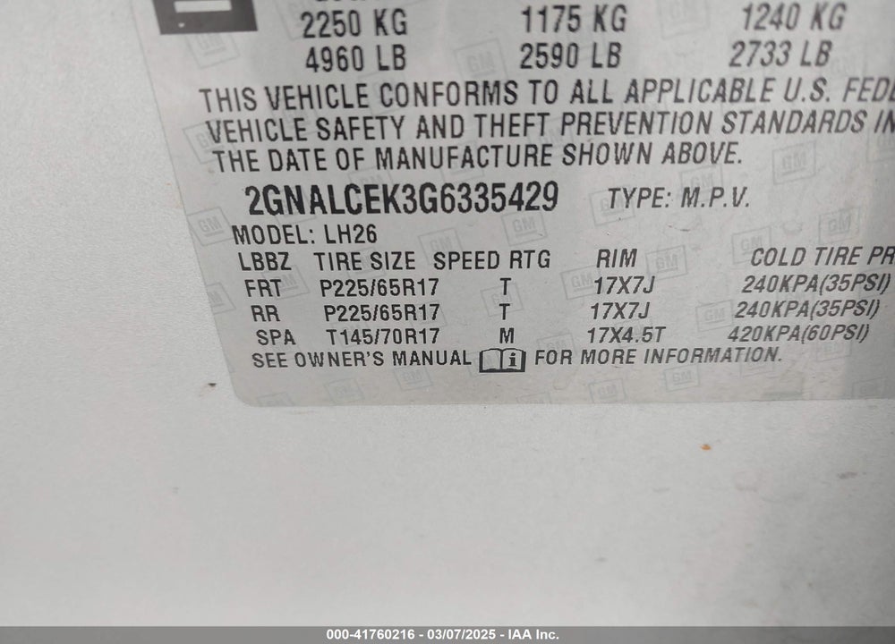 2016 CHEVROLET EQUINOX VIN: 2GNALCEK3G6335429