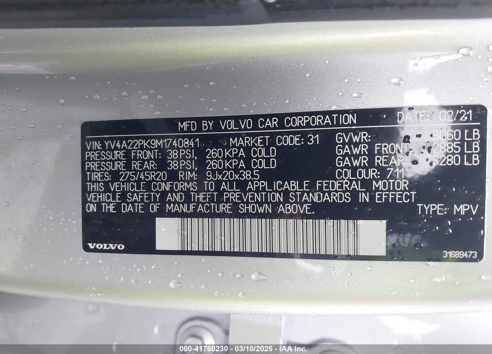2021 VOLVO XC90 VIN: YV4A22PK9M1740841