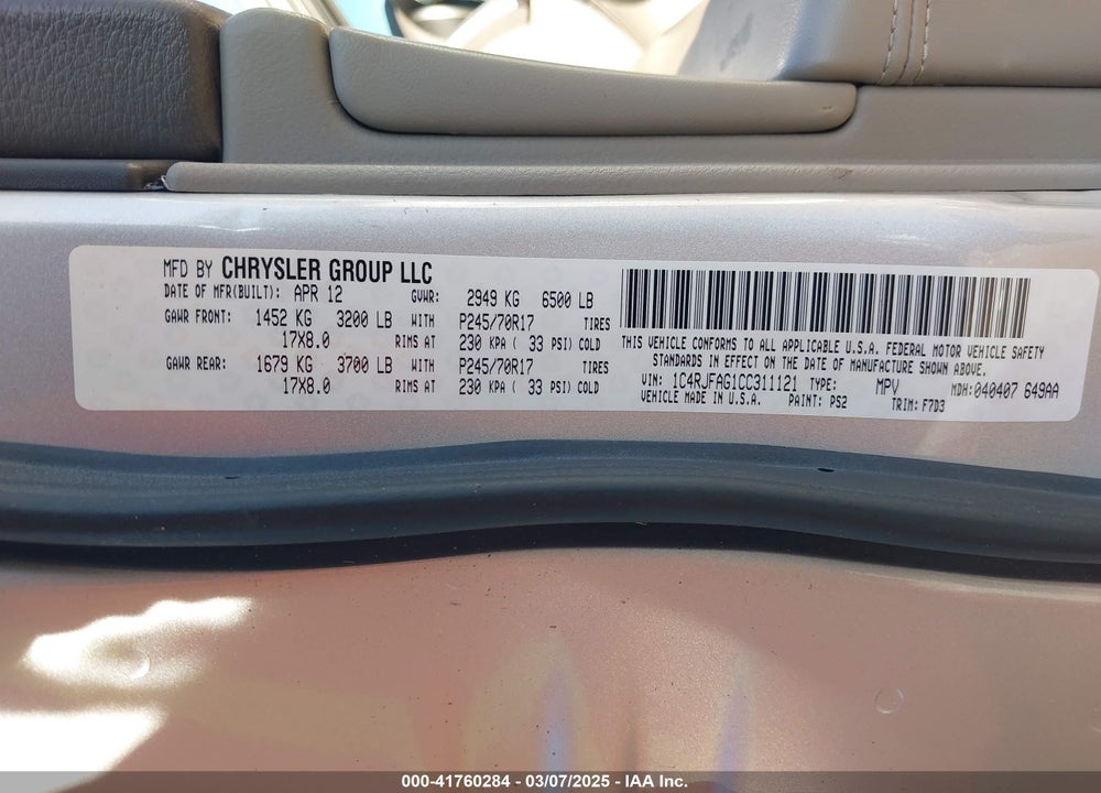 2012 JEEP GRAND CHEROKEE LAREDO VIN: 1C4RJFAG1CC311121